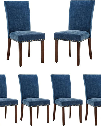 COLAMY Upholstered Parsons Dining Chairs Set of 6, Fabric Dining Room Kitchen Side Chair with Nailhead Trim and Wood Legs - Dark Blue - LeafyLoom