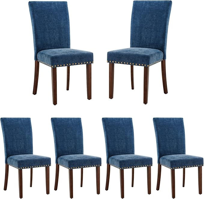 COLAMY Upholstered Parsons Dining Chairs Set of 6, Fabric Dining Room Kitchen Side Chair with Nailhead Trim and Wood Legs - Dark Blue - LeafyLoom