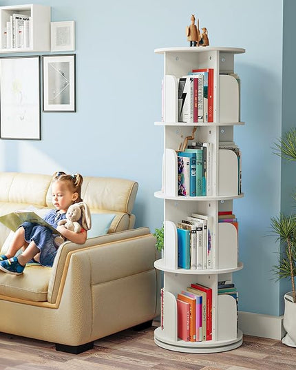 EasyCom 4 Tier Rotating Display Bookshelf Organizer Floor Standing Bookcase Storage Rack- Display Round Bookshelf Swivel Corner Book Shelf- Tall Bookcase for Home Study Office, White - LeafyLoom