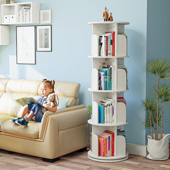 EasyCom 4 Tier Rotating Display Bookshelf Organizer Floor Standing Bookcase Storage Rack- Display Round Bookshelf Swivel Corner Book Shelf- Tall Bookcase for Home Study Office, White - LeafyLoom
