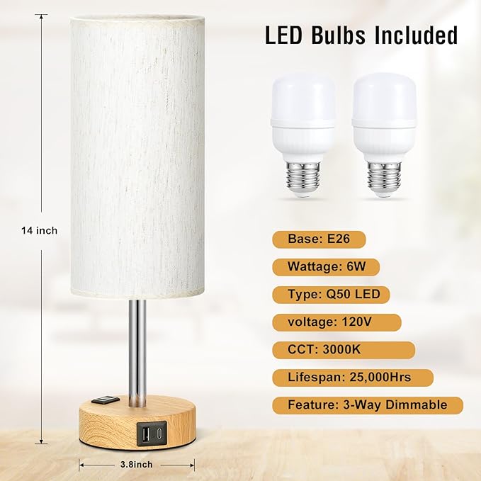 Small Touch Table Lamps Set of 2-3-Way Dimmable, USB A + C Charging, AC Outlet, Wood Grain Base, Bulbs Included - LeafyLoom