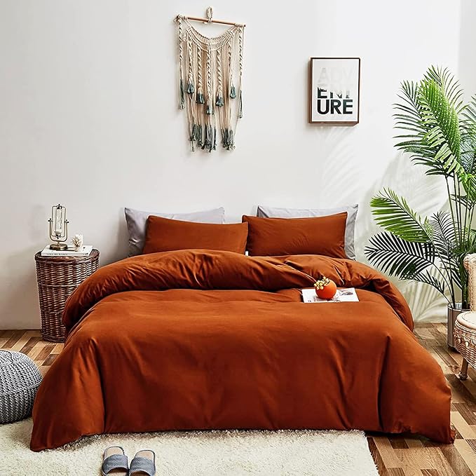 Rust Comforter Sets Burnt Orange Bedding Set King Reddish Caramel Color Terracotta Bed Set 3 Pieces Women Lightweight Solid Burnt Orange Color Blanket Rust Quilts Set Breathable Bed Comforter - LeafyLoom