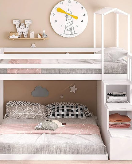 Stairway Twin over Full House Bunk Bed with Storage Shelves & Roof Design,Wooden Bunkbeds wtih Safety Guardrails for Kids/Teen/Adults Bedroom,Space Saving, White - LeafyLoom
