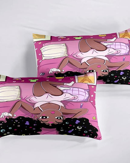 African American Black Girls Queen Comforter Sets, Black Girl Comforter Set Queen Size, Black Girls Comforter Queen Size African American Black Girls Bedding Set, Pink, 1 Comforter+2 Pillowcases - LeafyLoom