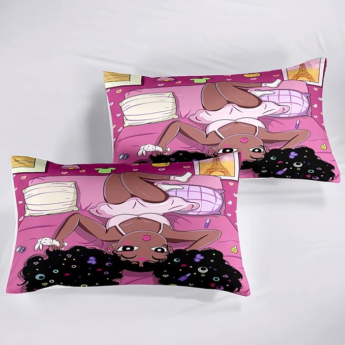 African American Black Girls Queen Comforter Sets, Black Girl Comforter Set Queen Size, Black Girls Comforter Queen Size African American Black Girls Bedding Set, Pink, 1 Comforter+2 Pillowcases - LeafyLoom
