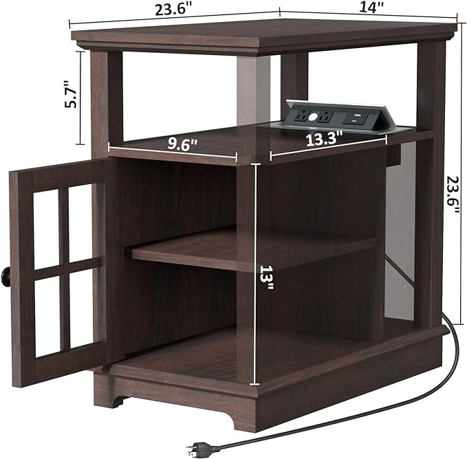 HIFYOBRO Narrow End Table with Flip Top Charging Station and Storage Cabinet, Type-C & USB port & Power outlets, Adjustable Shelf, Narrow Side Table with Storage for Living Room and Bedroom - LeafyLoom