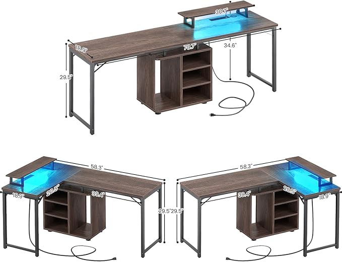 Cyclysio L Shaped Gaming Desk with Wood Cabinet, 58" Large Corner Desk with LED Lights & Power Outlet, Reversible Computer Desk with Monitor Stand, Home Office Desk 2 Person Corner Desk,Rustic Walnut - LeafyLoom