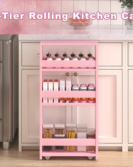 MARTY Pink Slim Storage Cart, 4-Tier Rolling Bookshelf Kitchen Cart on Wheels, Laundry Room Organization with Handle Slide Out Utility Cart Shelving Unit Trolley for Narrow Places - LeafyLoom