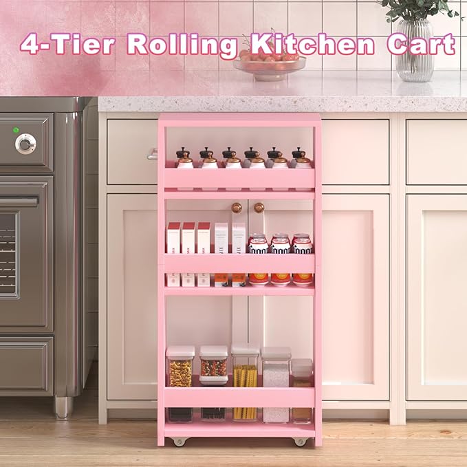 MARTY Pink Slim Storage Cart, 4-Tier Rolling Bookshelf Kitchen Cart on Wheels, Laundry Room Organization with Handle Slide Out Utility Cart Shelving Unit Trolley for Narrow Places - LeafyLoom