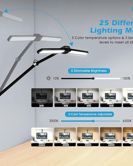 Double Head LED Desk Lamp for Home Office, 24W Bright Architect Task Light, Dimmable Desk Clamp Lamp with 25 Lighting Modes for Reading Study Workbench, Black - LeafyLoom