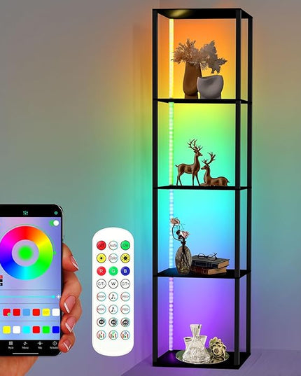 Corner Floor Shelf Light Dispaly: 5 Tiers Tall Corner Shelf Display Case Cabinet - Dimmable LED Corner Shelf with Light,Display Shelf Corner Shelves with Light - LeafyLoom