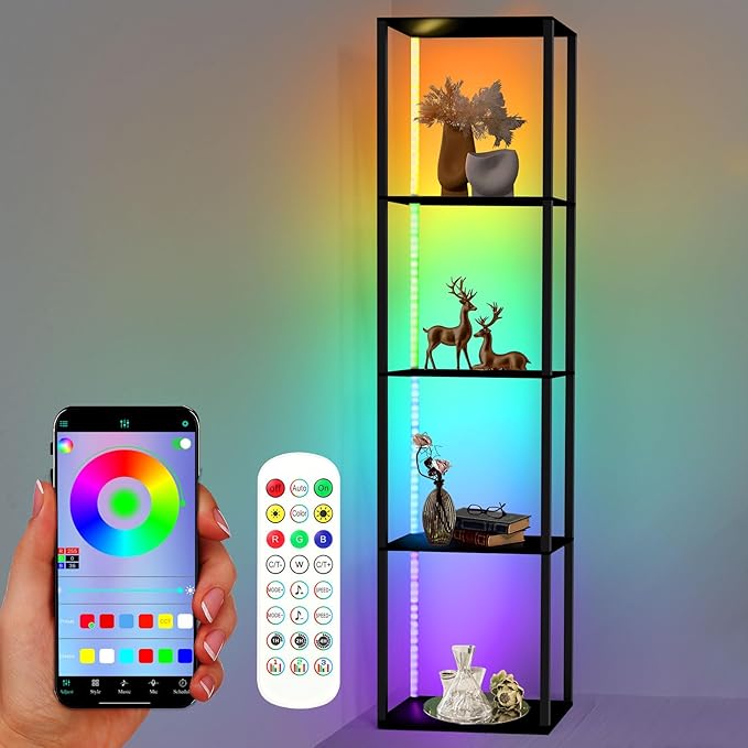 Corner Floor Shelf Light Dispaly: 5 Tiers Tall Corner Shelf Display Case Cabinet - Dimmable LED Corner Shelf with Light,Display Shelf Corner Shelves with Light - LeafyLoom