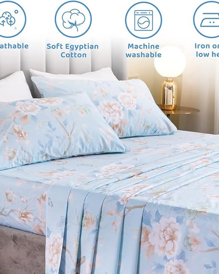 QSH Floral Bed Sheets Set King Size - Luxury Bird Buttefly Print Bed Sheet Set - 100% Egyptian Cotton Extra Soft and Breathable - 4 pcs Deep Pockets - Flower Bed Sheets - LeafyLoom