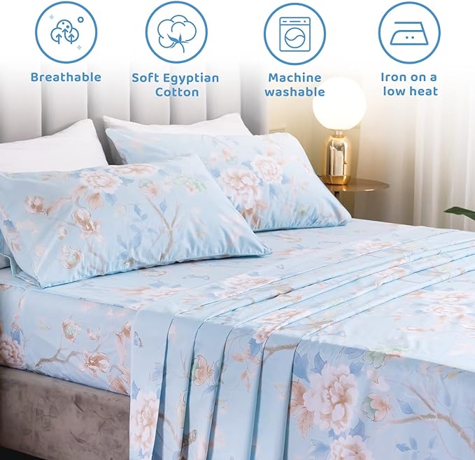 QSH Floral Bed Sheets Set King Size - Luxury Bird Buttefly Print Bed Sheet Set - 100% Egyptian Cotton Extra Soft and Breathable - 4 pcs Deep Pockets - Flower Bed Sheets - LeafyLoom