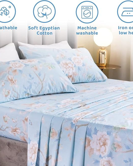QSH Floral Bed Sheets Set Queen Size - Luxury Bird Butterfly Print Bed Sheet Set - 100% Egyptian Cotton Extra Soft and Breathable - 4 pcs Deep Pockets Flower Bed Sheets - LeafyLoom