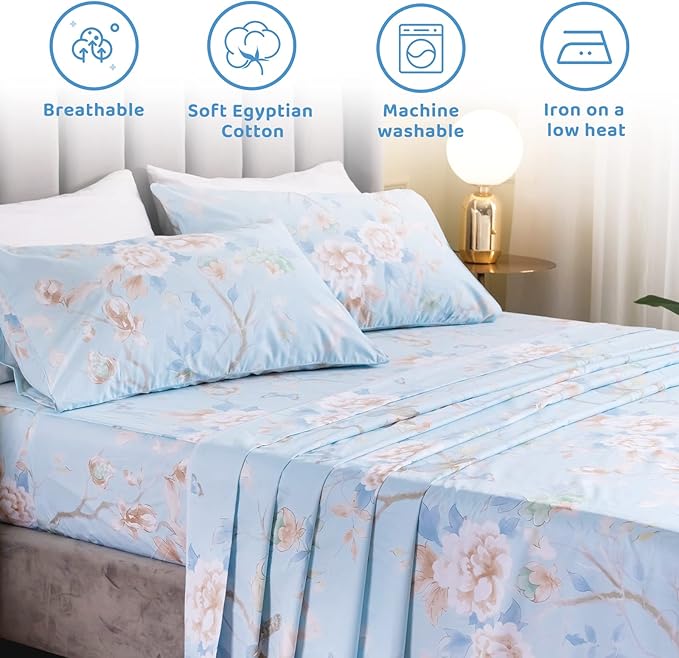 QSH Floral Bed Sheets Set Queen Size - Luxury Bird Butterfly Print Bed Sheet Set - 100% Egyptian Cotton Extra Soft and Breathable - 4 pcs Deep Pockets Flower Bed Sheets - LeafyLoom