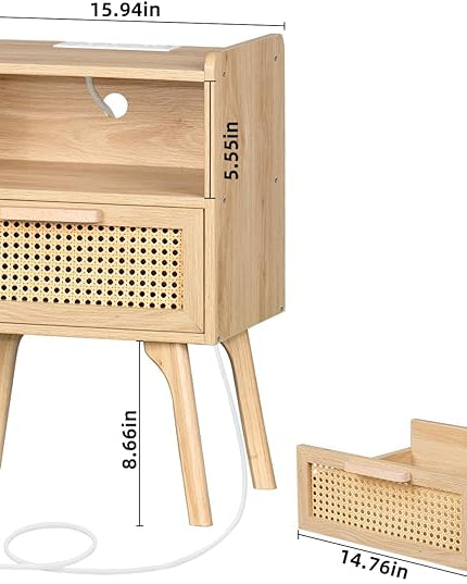 Lerliuo Rattan Nightstands Set of 2 with Charging Station, Boho Side Table with Drawer Open Shelf, Cane Accent Bedside End Table with Solid Wood Legs for Bedroom, Dorm and Small Spaces (Natural) - LeafyLoom
