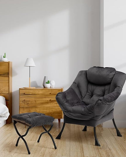 AbocoFur Fabric Lazy Chair with Foldable Ottoman, Accent Comfy Lounge Arm Chair and Folding Footrest Stool Set, Leisure Sofa Reading Chair and Footstool for Living Room, Bedroom, Dorm, Smoky Grey - LeafyLoom
