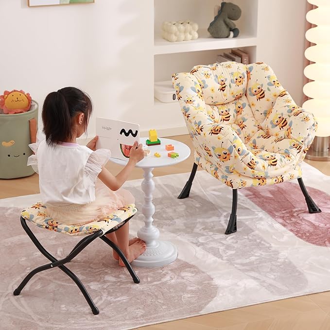 Welnow Toddler Kids Lazy Chair with Ottoman, Glow in The Dark Accent Comfy Lounge Children Armchair Couch with Removable Cover, Detachable Reading Chair with Footrest for Boy or Girl, Bees - LeafyLoom