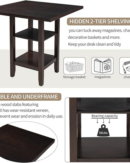 5-Piece Counter Height Dining Set, includes 1 Solid Wood Table with Storage Shelving and 4 Padded Chairs, for Kitchen, Diningroom, Living Room, Easy to Assemble, Espresso - LeafyLoom