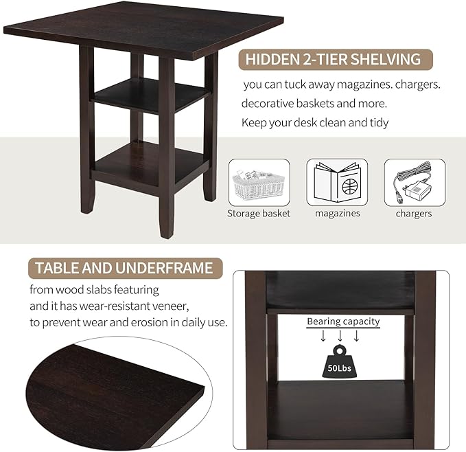 5-Piece Counter Height Dining Set, includes 1 Solid Wood Table with Storage Shelving and 4 Padded Chairs, for Kitchen, Diningroom, Living Room, Easy to Assemble, Espresso - LeafyLoom