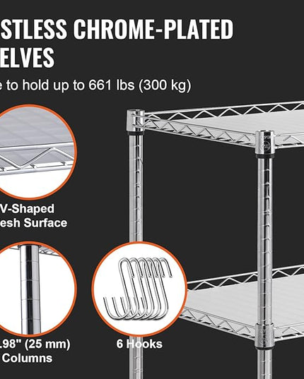 VEVOR Kitchen Utility Cart, 3 Tiers, Wire Rolling Cart with 661 LBS Capacity, Steel Service Cart on Wheels, Metal Storage Trolley with 80 mm Deep Basket Curved Handle PP Liner 6 Hooks, NSF Listed - LeafyLoom