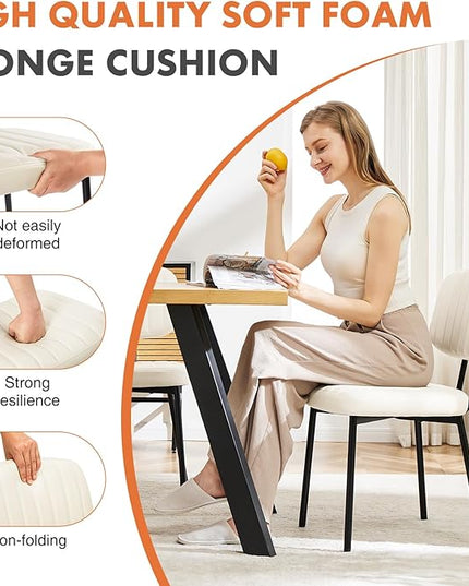 Sweetcrispy Dining Chairs Set of 6, Upholstered Mid Century Modern Kitchen Dining Room Accent Chairs with Faux Leather Cushion Seat & Metal Legs for Kitchen, Living Room - Cream - LeafyLoom