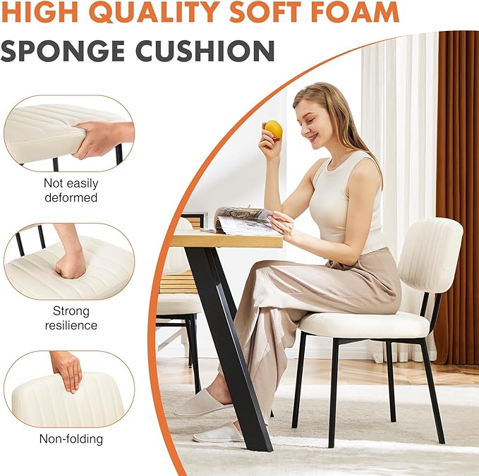 Sweetcrispy Dining Chairs Set of 6, Upholstered Mid Century Modern Kitchen Dining Room Accent Chairs with Faux Leather Cushion Seat & Metal Legs for Kitchen, Living Room - Cream - LeafyLoom