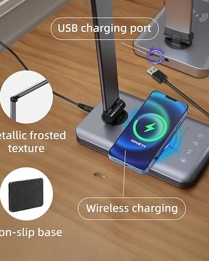 LED Desk Lamp with Wireless Charger, Dimmable Table Lamp Reading Lamp with USB Charging Port, 5 Lighting Modes, Auto-Off Timer, Study Lamp, Eye-Caring Office Lamp with Night Light - LeafyLoom
