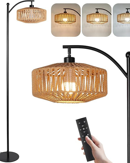 Floor Lamp with Remote, Rope Standing Lamps with LED Bulb, Boho Farmhouse Tall Pole Lamp with 3 Color Temperatures, Modern Black Floor Lamp for Living Room Bedroom Office Study - LeafyLoom