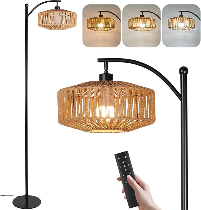 Floor Lamp with Remote, Rope Standing Lamps with LED Bulb, Boho Farmhouse Tall Pole Lamp with 3 Color Temperatures, Modern Black Floor Lamp for Living Room Bedroom Office Study - LeafyLoom