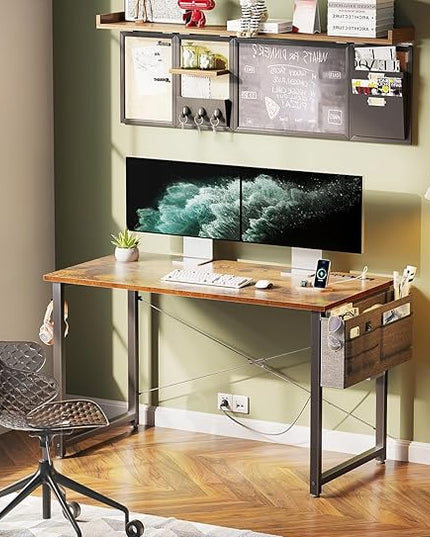 KKL Small Desk with Power Outlets and USB Port Computer Desk for Home Office Gaming Simple Modern Style Writing Desks with Storage Bag Headphone Hook, 40 inch, Rustic Brown - LeafyLoom