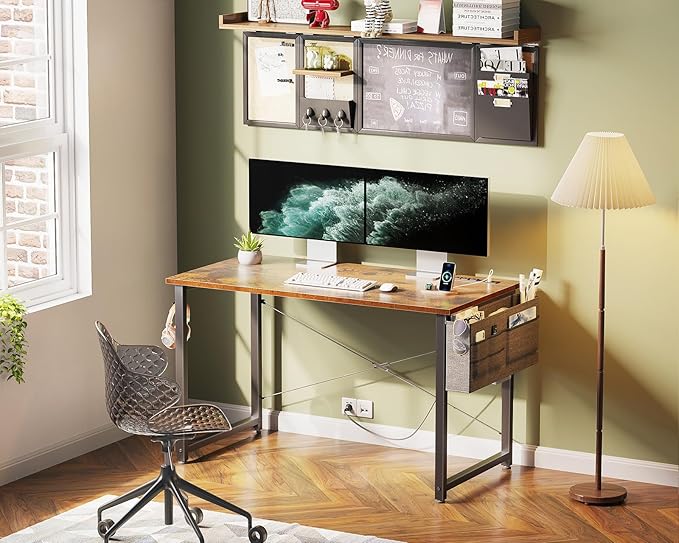 KKL Small Desk with Power Outlets and USB Port Computer Desk for Home Office Gaming Simple Modern Style Writing Desks with Storage Bag Headphone Hook, 40 inch, Rustic Brown - LeafyLoom