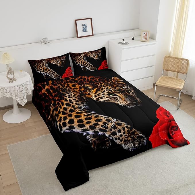Erosebridal Leopard Comforter Set King Size,Red Rose Cheetah Bedding Set,Cat Leopard Print Down Comforter, Romantic Floral Quilted Duvet, Safari Animal Quilt Set, Stylish Bedroom Decor, Black - LeafyLoom