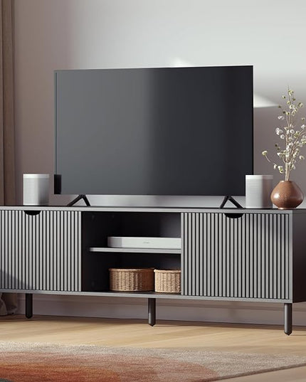 Contemporary Fluted TV Stand - Media Console - 70 Inch Entertainment Center with Storage - Console Table for Living Room and Bedrooms - Supports 32 to 80" TVs - Soft-Close Cabinet Doors (Black) - LeafyLoom