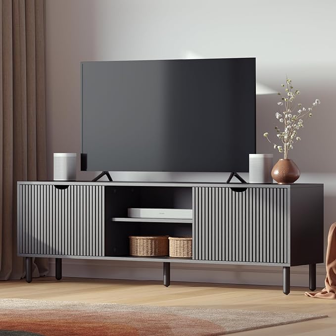 Contemporary Fluted TV Stand - Media Console - 70 Inch Entertainment Center with Storage - Console Table for Living Room and Bedrooms - Supports 32 to 80" TVs - Soft-Close Cabinet Doors (Black) - LeafyLoom