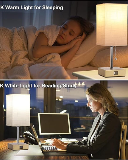 Table Lamp for Bedrooms Set of 2, 3 Color Bedside Table Lamps for Bed Room with USB Type C Charging Port Ac Outlet, Pull Chain Nightstand Table Lamp for Living Room,Office Desk(LED Bulb Included) - LeafyLoom