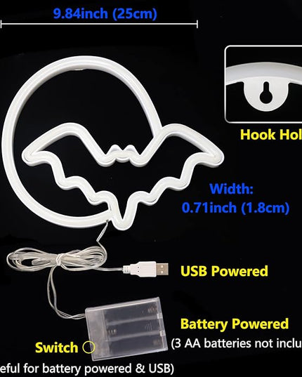 Bat Neon Signs Halloween Decorations, Moon&Bat LED Neon Lights for Wall Decor Battery/USB Operated Night Lights Bat&Moon Lamp for Home, Christmas, Teen Kids Game Room Decor (Pink Moon&Blue Bat) - LeafyLoom