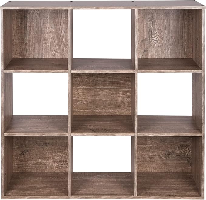 PACHIRA US 9 Cube Storage Organizer, Wood Display Shelf, Free Standing Cubby Bookcase Cabinet Divider Bookshelf for 11 Inch Storage Basket, Rustic Brown Oak - LeafyLoom
