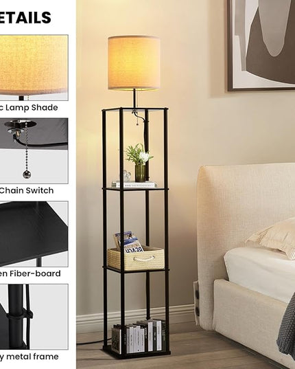Moooni Modern Floor Lamp with Shelves Black Shelf Floor Lamp with White Linen Shape Corner Storage Floor Lamp for Living Room Bedroom Office - LeafyLoom
