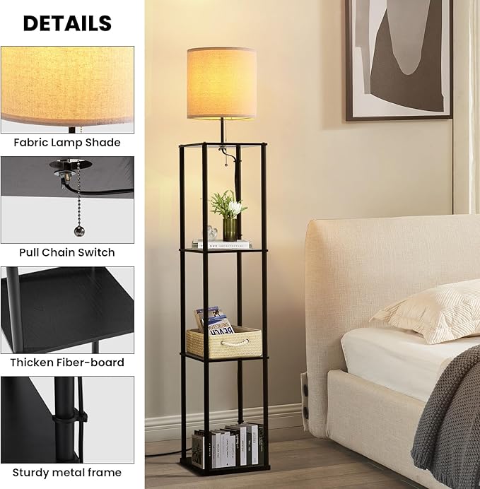 Moooni Modern Floor Lamp with Shelves Black Shelf Floor Lamp with White Linen Shape Corner Storage Floor Lamp for Living Room Bedroom Office - LeafyLoom