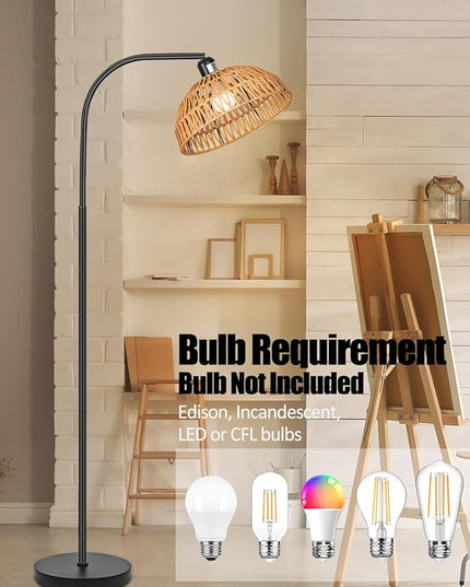 Farmhouse Rattan Floor Lamp, Black Rustic Tall Floor Lamp, Boho Floor Lamps with Hanging Adjustable Hand-Worked Rattan Shade, Foot Switch, Black Pole Lamps for Living Room (Bulb Not Included) - LeafyLoom