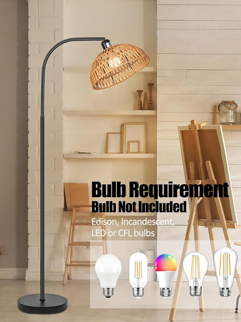Farmhouse Rattan Floor Lamp, Black Rustic Tall Floor Lamp, Boho Floor Lamps with Hanging Adjustable Hand-Worked Rattan Shade, Foot Switch, Black Pole Lamps for Living Room (Bulb Not Included) - LeafyLoom