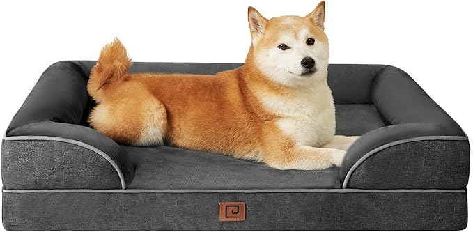 EHEYCIGA Orthopedic Dog Beds for Large Dogs, Waterproof Memory Foam Large Dog Bed with Sides, Non-Slip Bottom and Egg-Crate Foam Large Dog Couch Bed with Washable Removable Cover, Dark Grey EHEYCIGA