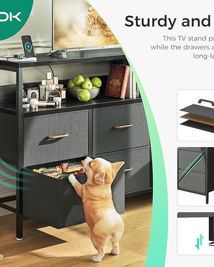 AODK Dresser with Charging Station, 52-Inch Long Dresser for Bedroom with 7 Large Fabric Drawers, Entertainment Center with Open Shelves for 55-Inch TV for Living Room, Black and Dark Grey - LeafyLoom