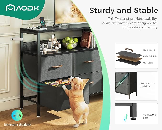 AODK Dresser with Charging Station, 52-Inch Long Dresser for Bedroom with 7 Large Fabric Drawers, Entertainment Center with Open Shelves for 55-Inch TV for Living Room, Black and Dark Grey - LeafyLoom
