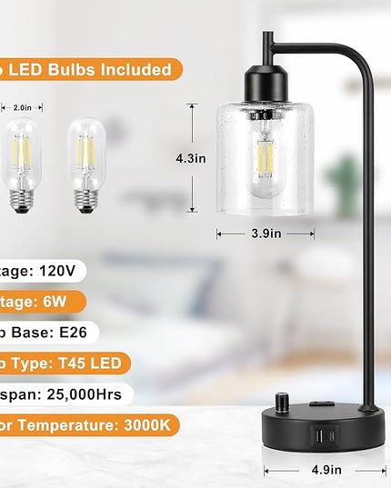 Industrial Table Lamps for Bedrooms Set of 2 - Fully Dimmable Bedside Lamps with USB A and C Ports and Outlet, Black Nightstand Lamps with Glass Shade for Living Room, Desk Lamps for Office Reading - LeafyLoom