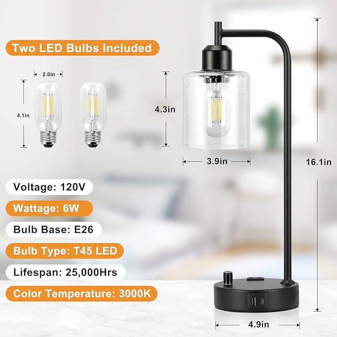 Industrial Table Lamps for Bedrooms Set of 2 - Fully Dimmable Bedside Lamps with USB A and C Ports and Outlet, Black Nightstand Lamps with Glass Shade for Living Room, Desk Lamps for Office Reading - LeafyLoom