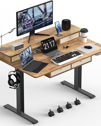 48 * 30 Inches Electric Standing Widened Desk Adjustable Height with 4 Drawers, Double Storage Shelves Stand Up Desk, Home Office Workstation Sit Stand up Desk (Light Rustic Brown) - LeafyLoom