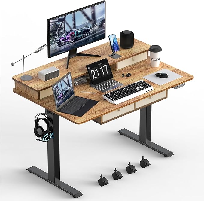 48 * 30 Inches Electric Standing Widened Desk Adjustable Height with 4 Drawers, Double Storage Shelves Stand Up Desk, Home Office Workstation Sit Stand up Desk (Light Rustic Brown) - LeafyLoom